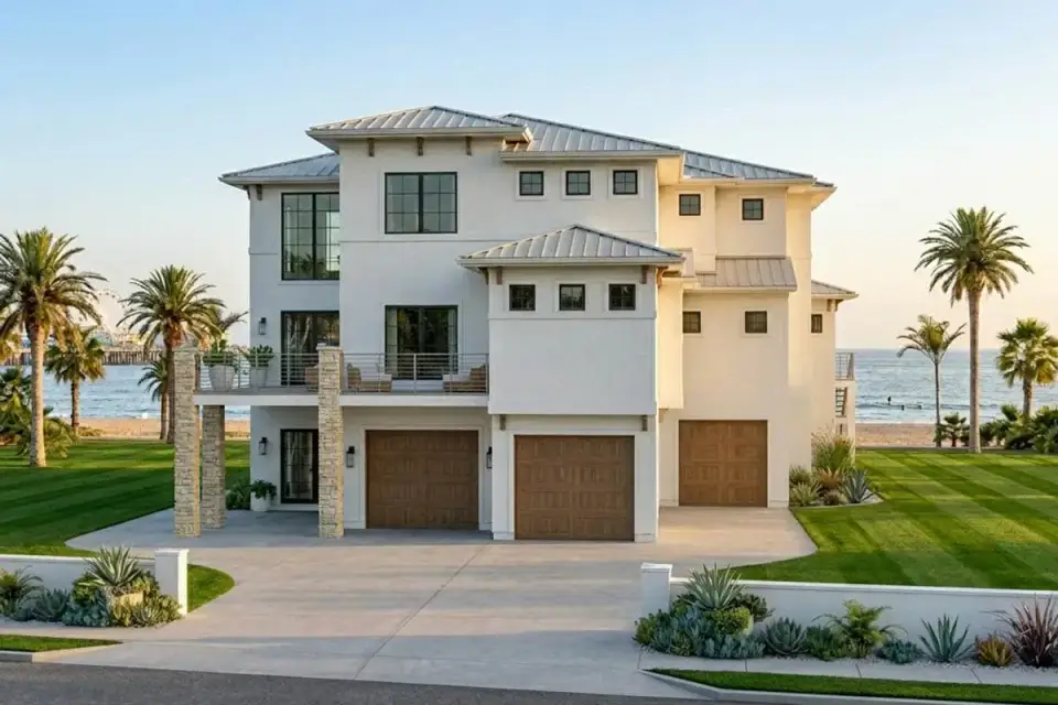 Front exterior rendering of three-story coastal contemporary plan 623612DJ with stucco, stone veneer, and wood cladding mix