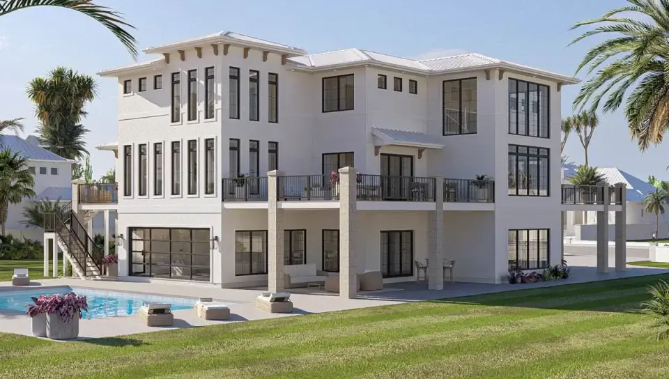 Rear exterior of coastal plan 623612DJ showing full-width decks on main and third floors oriented toward ocean view