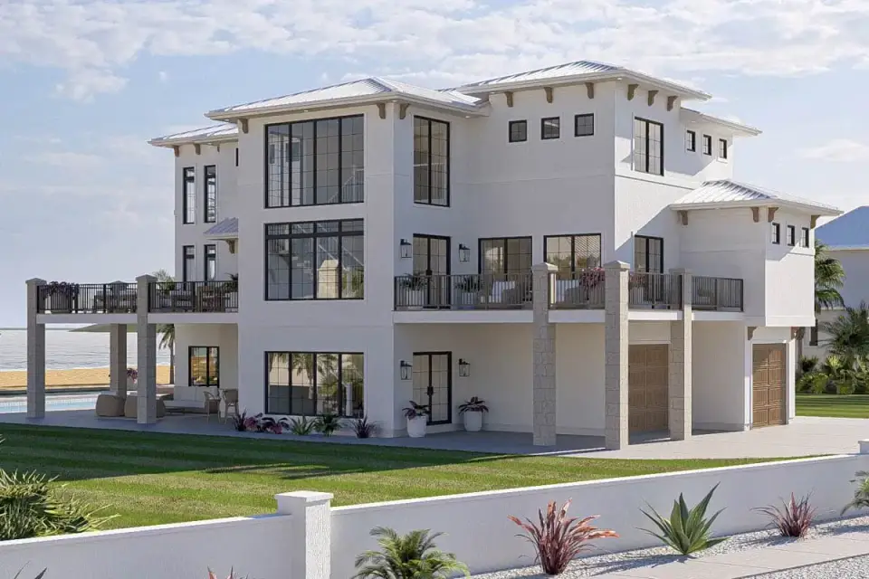 Three-quarter angle rendering of coastal contemporary showing garage entry at ground level