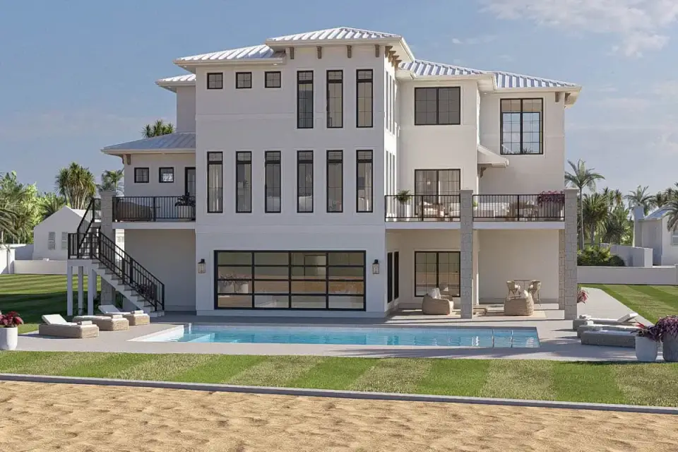Evening rendering of coastal contemporary 623612DJ with warm deck lighting