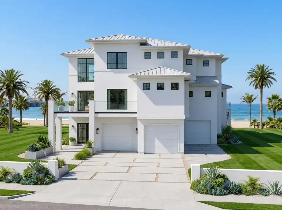 All-white minimalist stucco facade direction for elevated coastal contemporary 623612DJ