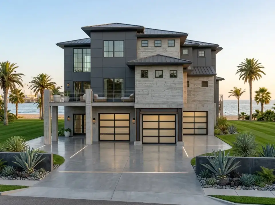 Industrial concrete and glass facade direction for coastal plan 623612DJ
