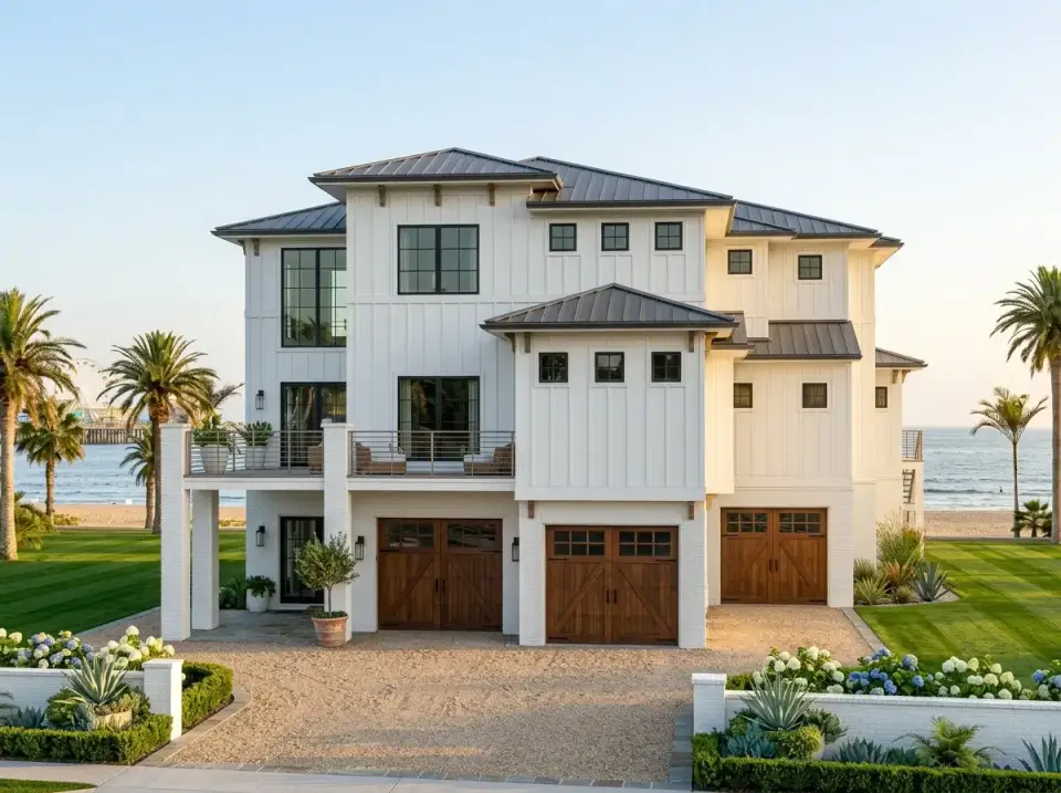 Modern farmhouse fusion facade with board-and-batten and metal roof on coastal plan 623612DJ