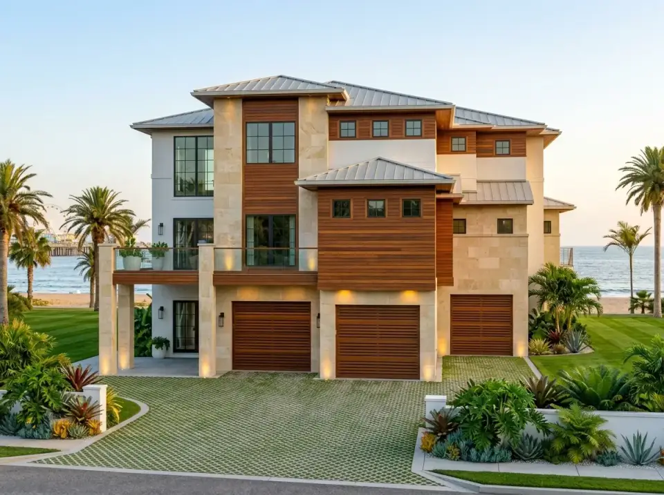 Warm wood and stone facade direction for coastal contemporary with tropical landscape