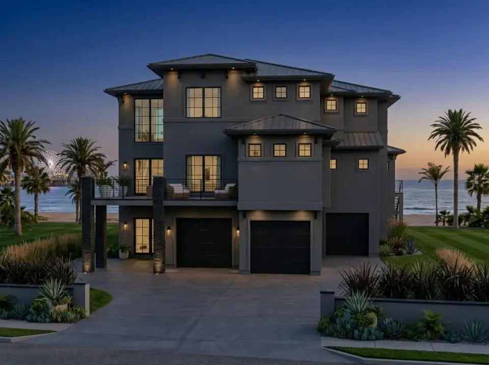Moody dark monolith facade direction in dark grey stucco for coastal plan 623612DJ