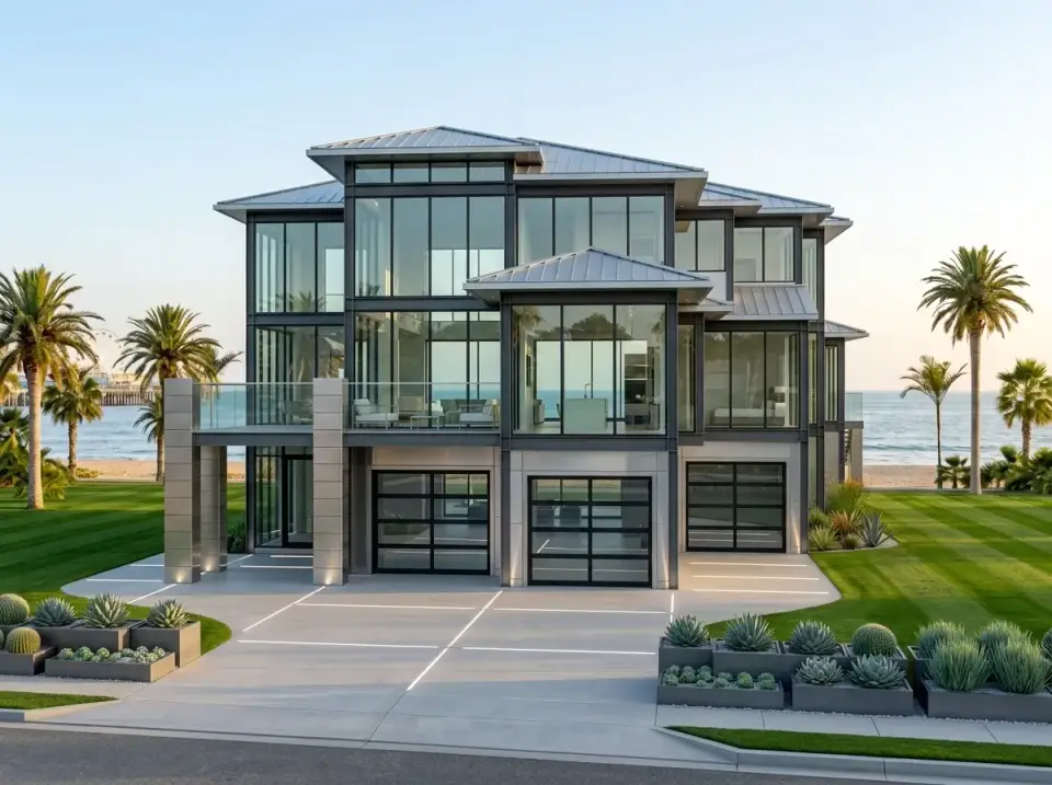 Steel-framed glass curtain wall facade direction for coastal contemporary plan