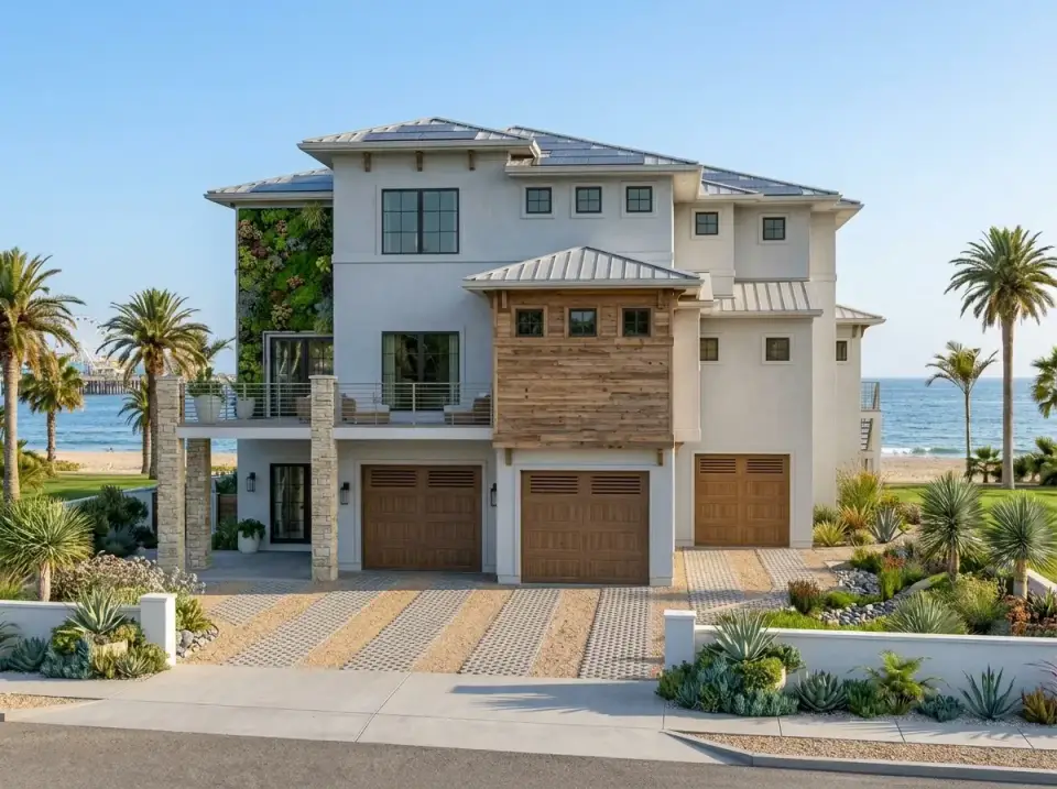 Eco-modern facade direction with living green wall and permeable driveway for coastal plan 623612DJ