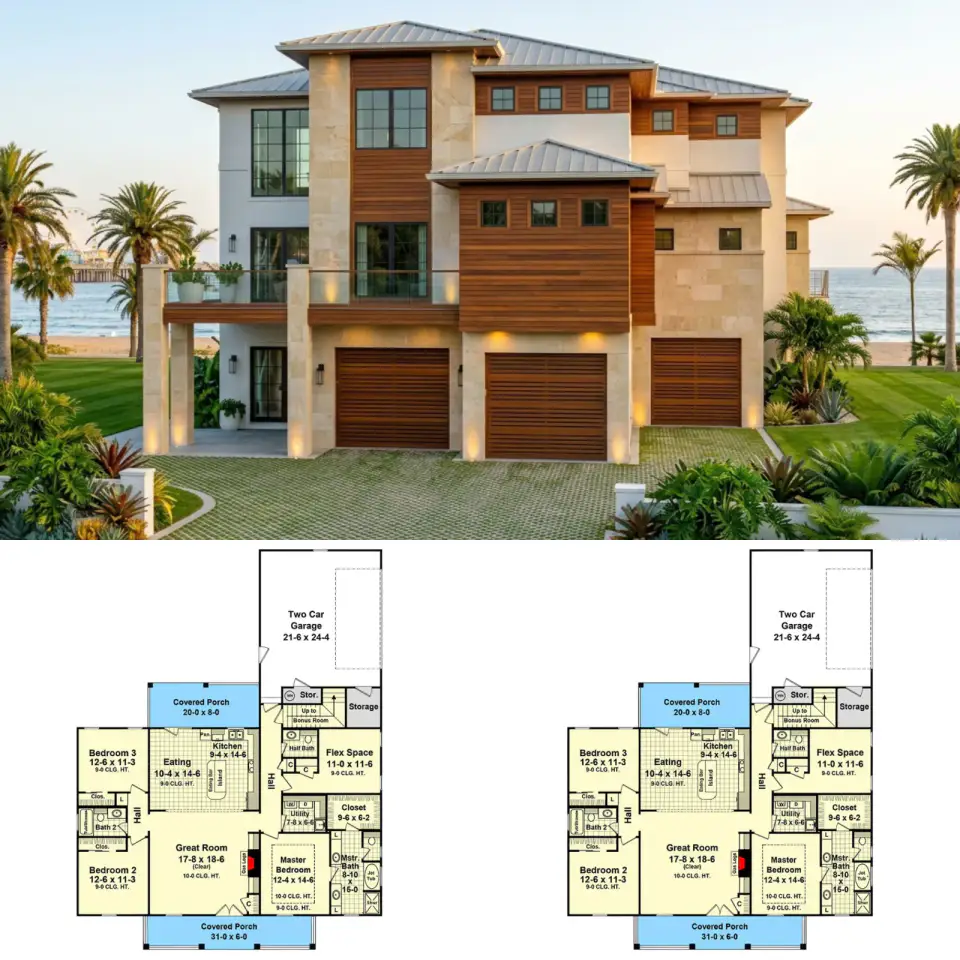 Elevated Coastal Contemporary: 3-Story Home Plan with Views