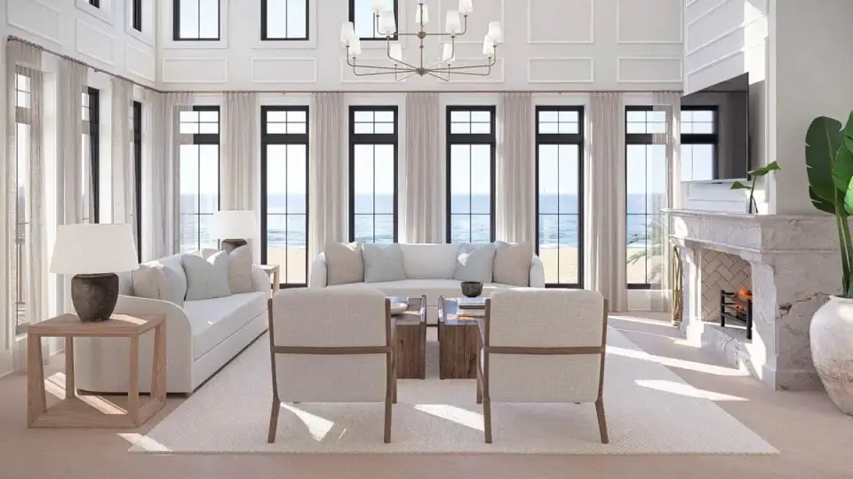 Two-story great room interior of coastal plan 623612DJ with fireplace, light wood flooring, and large sliding doors to rear deck