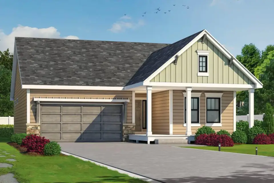 Plan 42733DB front elevation — craftsman cottage with stone veneer base, horizontal lap siding, cedar shake gable accent, standing-seam metal roof, and oversized covered front porch