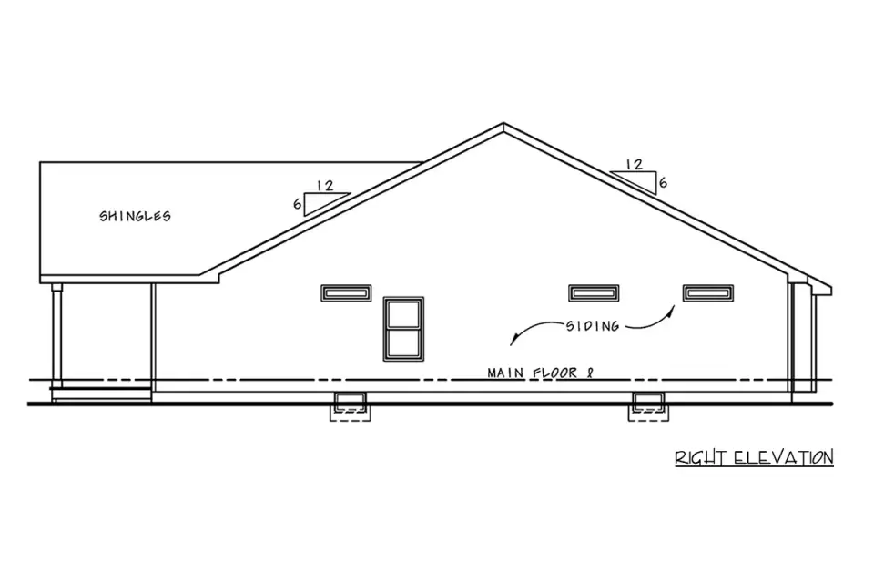 Plan 42733DB angled front three-quarter view showing side-entry 2-car garage and deep porch overhang