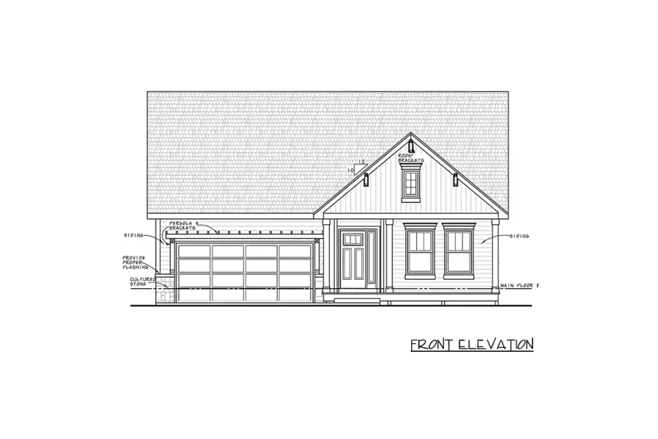 Plan 42733DB rear three-quarter elevation with optional rear deck, simple hip roofline, and craftsman bracket detailing