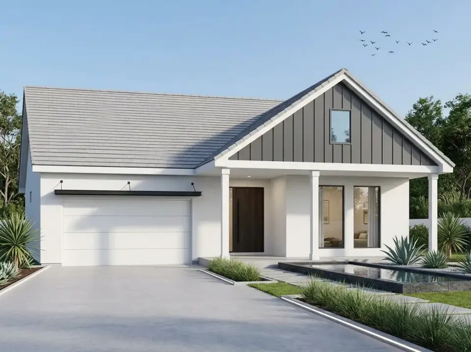 Craftsman cottage facade direction 3 — modern minimalist white stucco with dark gray vertical siding and contemporary desert landscape