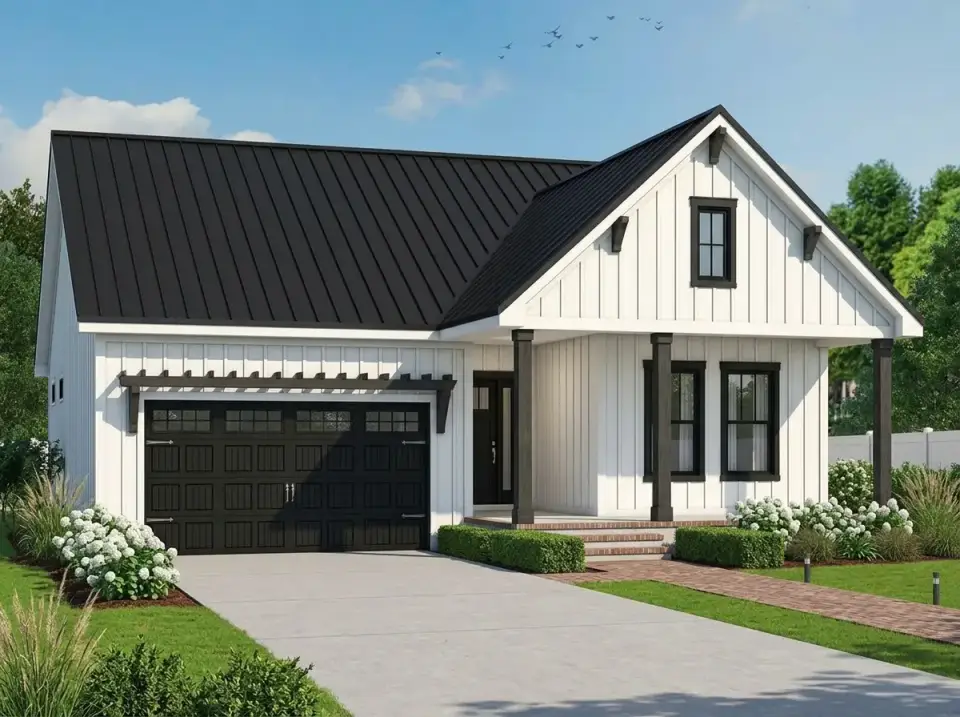 Craftsman cottage facade direction 4 — classic white modern farmhouse with black window frames, black metal roof, and manicured traditional landscaping
