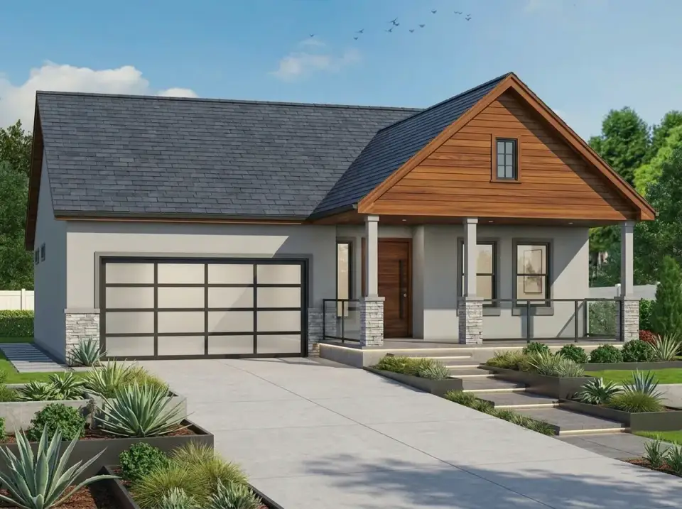 Craftsman cottage facade direction 5 — contemporary gray stucco with warm wood gable accent, glass porch railing, and tiered modern planters
