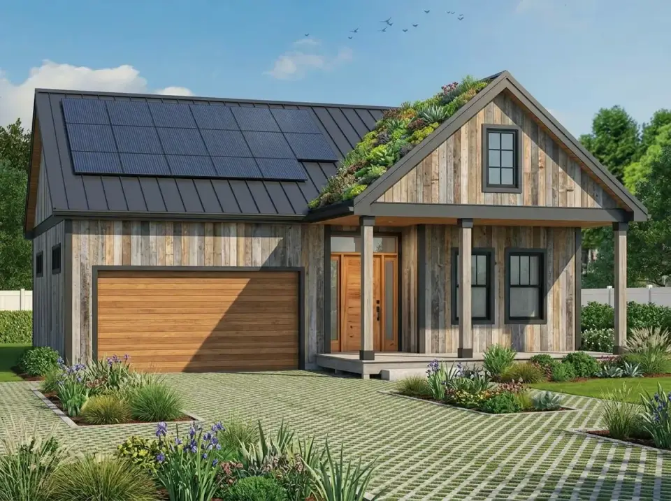 Craftsman cottage facade direction 6 — reclaimed wood siding with integrated solar panels, partial green living roof, and naturalistic native plant landscape