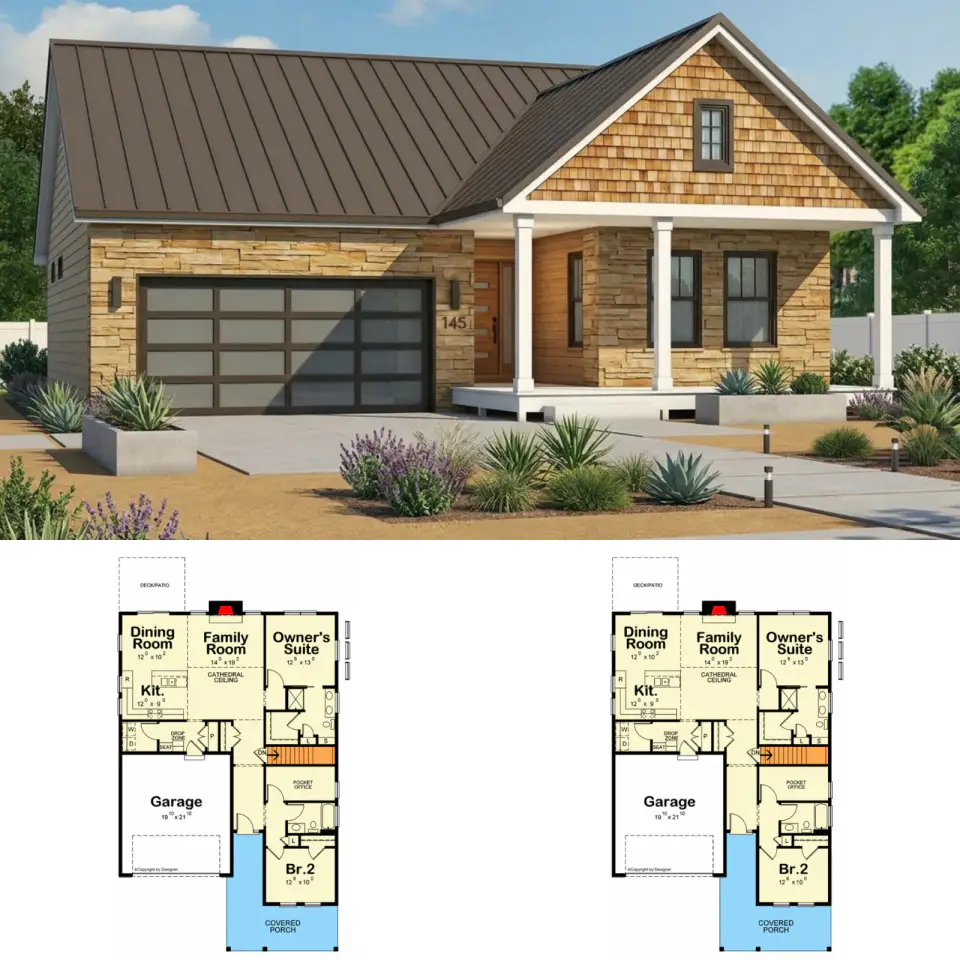 2-Bed Craftsman Ranch Plan with Office