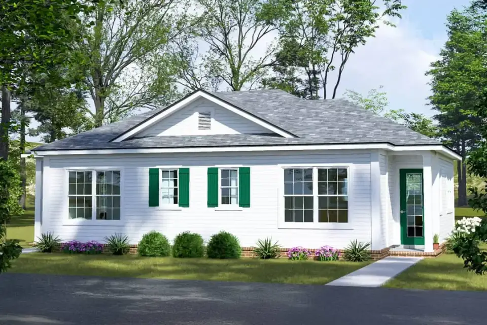 Plan 52522WM exterior front elevation showing symmetrical gable roof cottage duplex with clean white siding window composition and understated streetscape presence