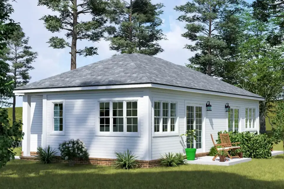 Plan 52522WM rear elevation showing symmetrical window placement great room glazing and bedroom fenestration across both duplex units