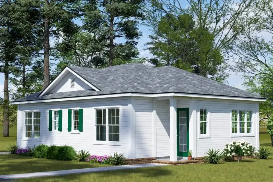 Plan 52522WM corner view showing integration of side-entry porch and front facade reading as single cottage rather than institutional duplex