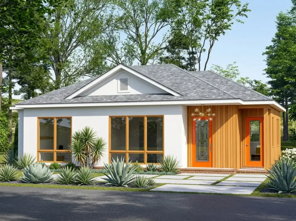Mid-Century Modern duplex facade with Sto Cirritex white smooth stucco cedar wood accent panel around entry orange painted door and shallow intersecting gable rooflines
