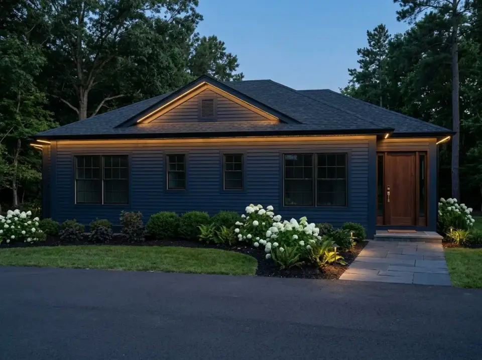 Dark Moody Contemporary duplex facade with BM Wrought Iron charcoal horizontal fiber cement siding matching metal roof LED strip lighting under eaves and curved dark mulch planting bed