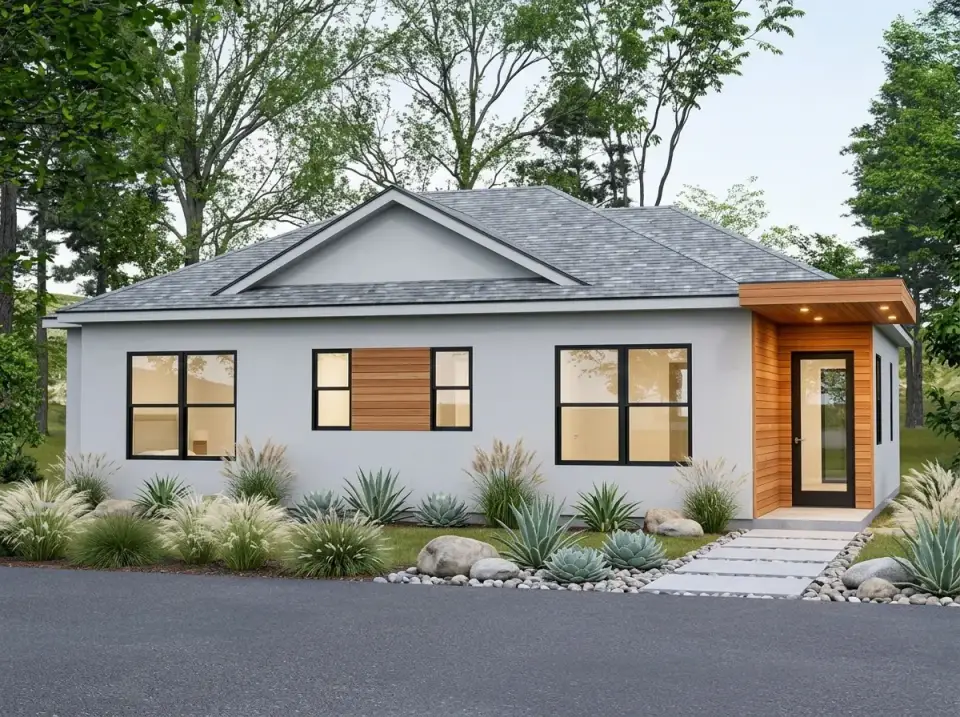 Minimalist Contemporary duplex facade with light grey smooth stucco rift-sawn white oak accent panel horizontal slit window flat roof entry canopy and desert modern cactus landscape