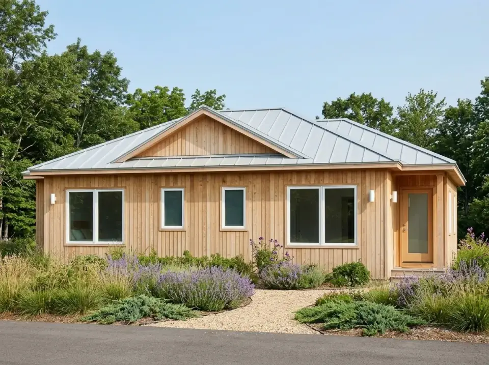 Natural Rustic duplex facade with Kebony Clear vertical natural wood siding weathering over time standing-seam metal roof white-framed windows light wood entry door and meadow landscape with lavender