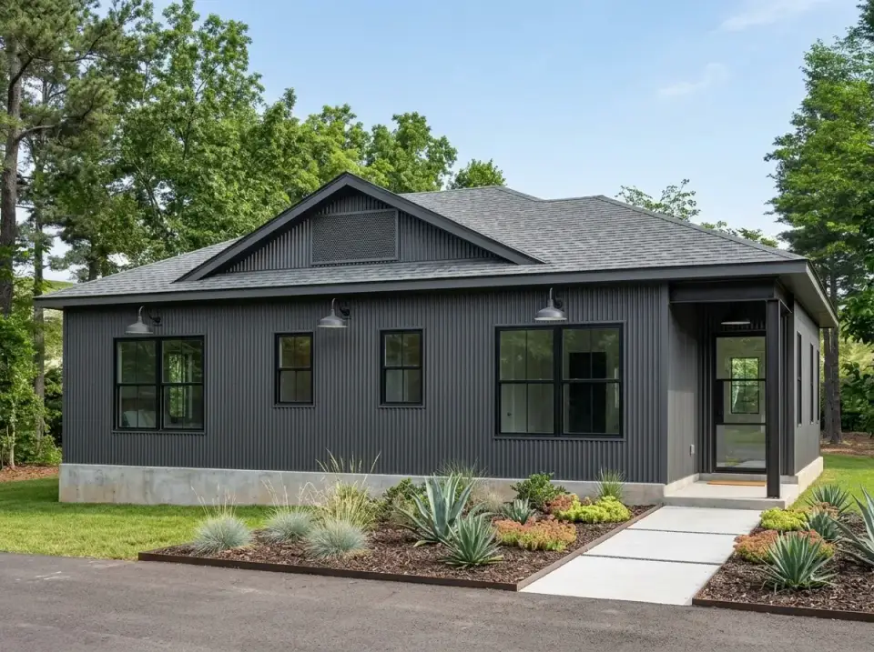 Industrial Modern duplex facade with Bridger Steel Cor-Ten weathering corrugated metal siding matching metal roof louvered gable vent black gooseneck barn lights exposed concrete foundation and structured desert modern landscape