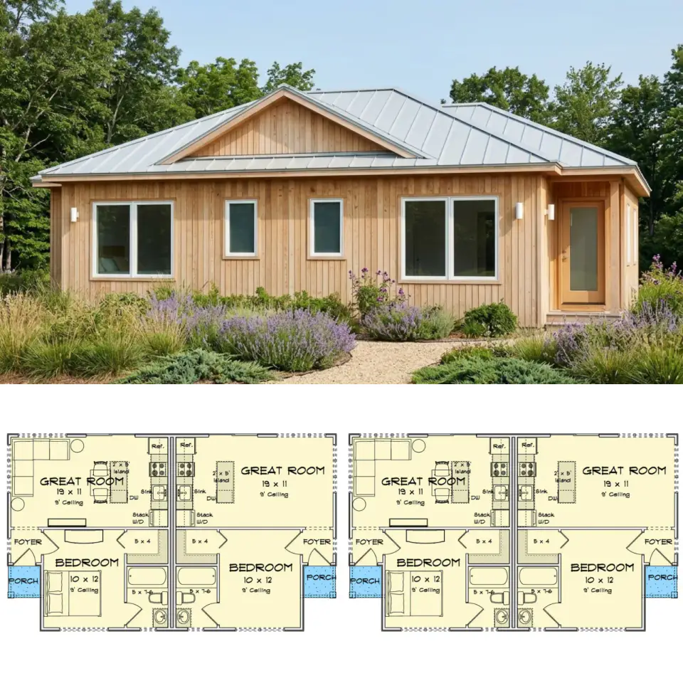 Efficient 2-Bed Cottage Duplex Plan: Smart Layout & Natural Style
