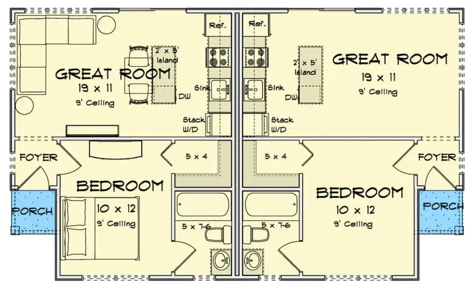 Plan 52522WM main level floor plan showing two mirror-image 448 sq ft cottage duplex units with side-elevation recessed entry porches foyer great room kitchen island bedroom suite and walk-in closet