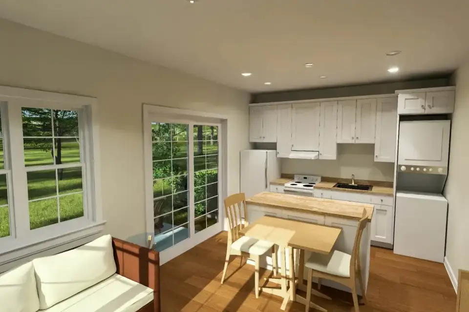Plan 52522WM interior great room with 9-foot ceilings open-concept living area natural light and compact proportions for 448 sq ft unit
