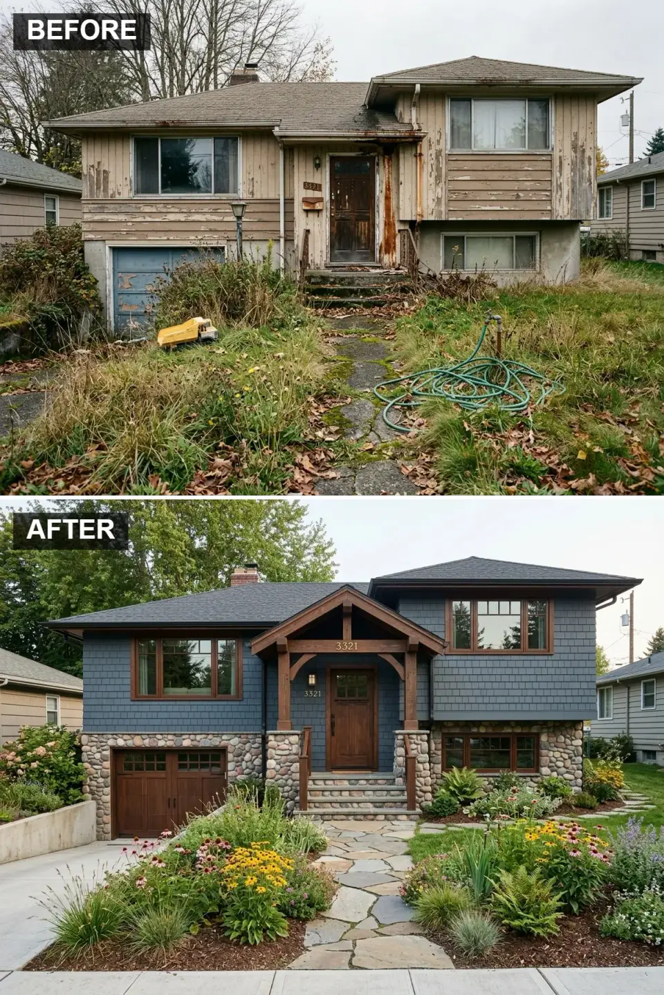Split-level 1970s home transformed into a Craftsman revival with deep slate blue James Hardie shake siding upper level, Montana Rockworks river stone veneer lower level, DaVinci polymer slate charcoal roof, Douglas fir timber portico, carriage-house wood garage doors and flagstone path in Asheville NC