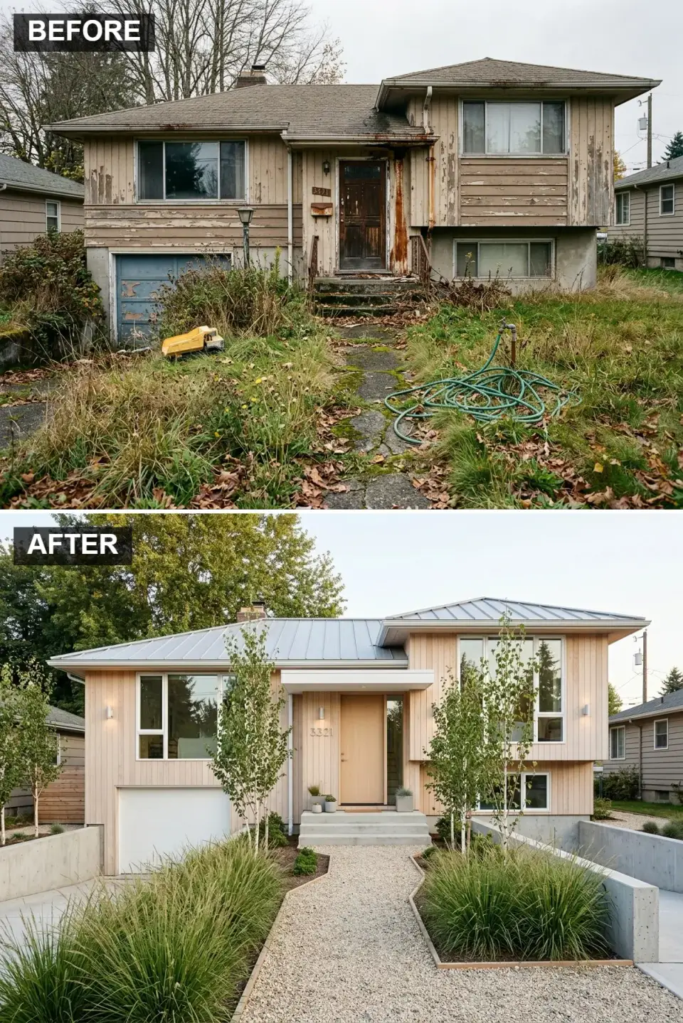 Split-level reclad in vertical Kebony Clear natural white oak siding, Taylor Metal light zinc grey standing seam roof, minimalist matte white canopy over slab wood door, Marvin Elevate white Scandinavian windows, pea gravel path, poured-concrete retaining walls, River Birch trees and Calamagrostis ornamental grasses