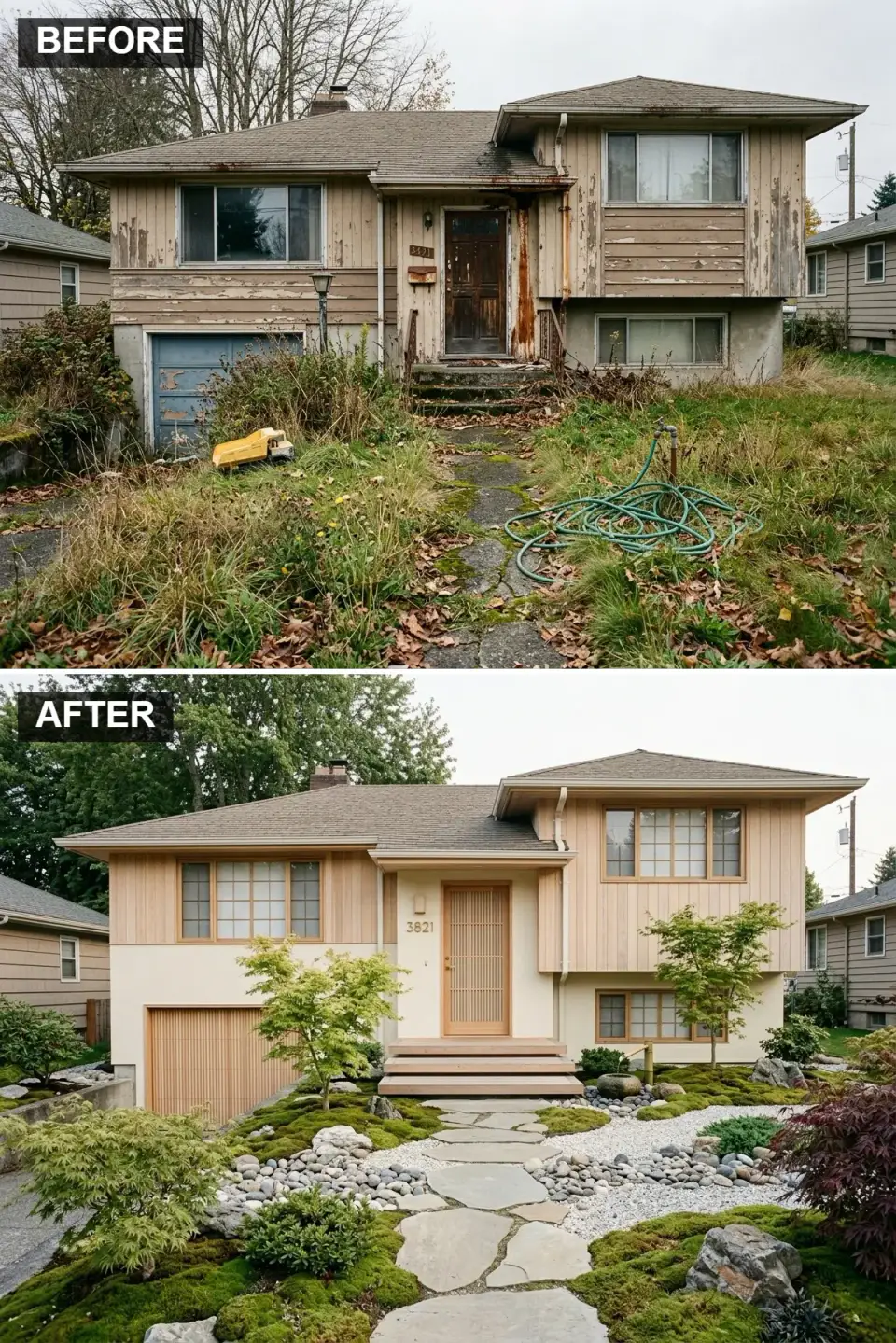Split-level exterior styled after traditional Japanese sukiya architecture with Hinoki cypress tone upper wood cladding, cream American Clay stucco lower level, Shoji-inspired sliding wood entry door, grid-patterned Marvin windows, authentic Japanese garden with Kyoto moss mounds, stepping stones, stone water basin tsukubai and Acer palmatum maple