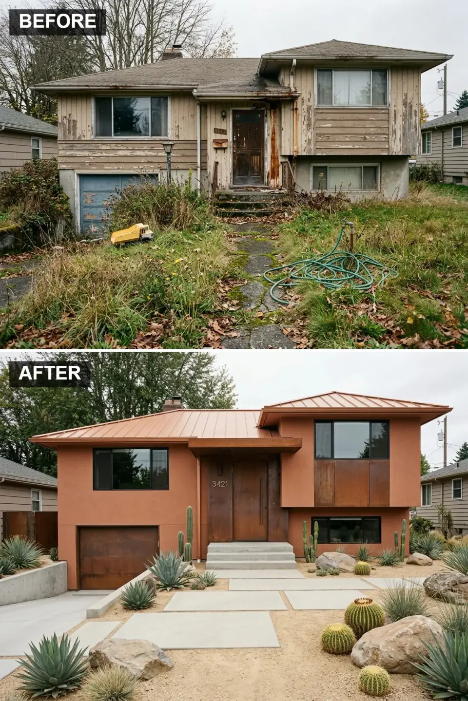 Split-level reimagined for arid climate with warm Portola Paints terracotta stucco, Drexel Metals aged copper standing seam roof, Cor-Ten weathering steel entry and garage surround, black Marvin Modern windows, decomposed granite pathway, Arizona boulders and desert xeriscape with Agave parryi and Opuntia santa-rita cacti