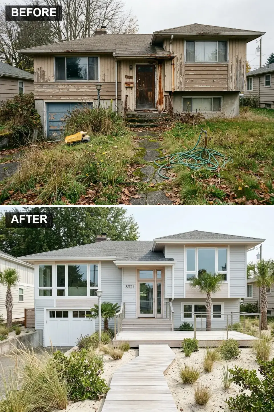 Split-level home remodel with pale mist grey Maibec horizontal siding, Kebony Clear bleached driftwood deck and boardwalk, white Marvin Elevate grid windows, oversized glass pivot front door and coastal dune landscaping with sandy gravel and ornamental grasses