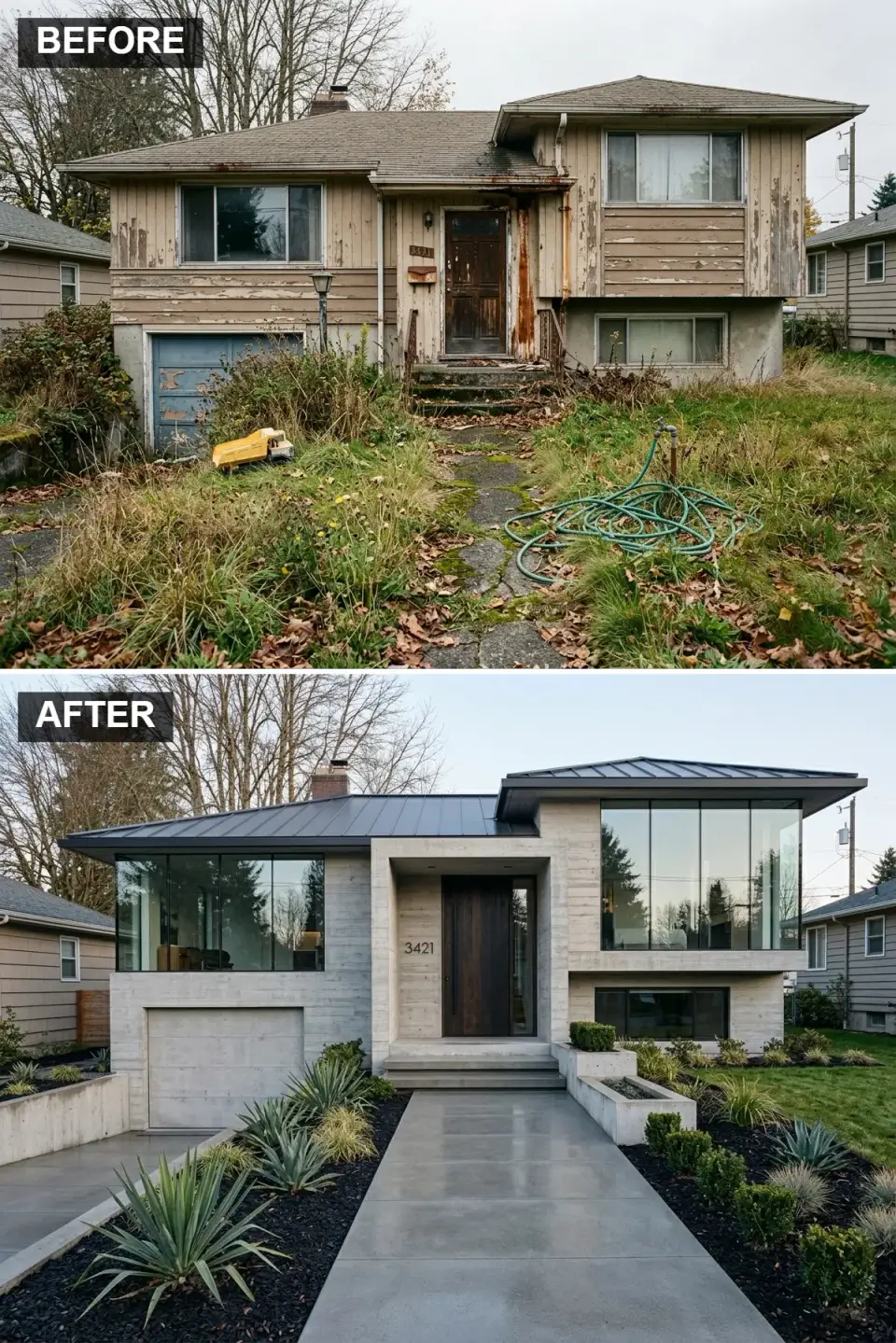 1970s split-level reimagined with board-formed architectural concrete facade, Fairway frameless floor-to-ceiling glass corner wall, recessed ebonized wood pivot door, flush concrete Garaga modern garage door and minimalist landscape with oversized concrete pavers and black lava mulch