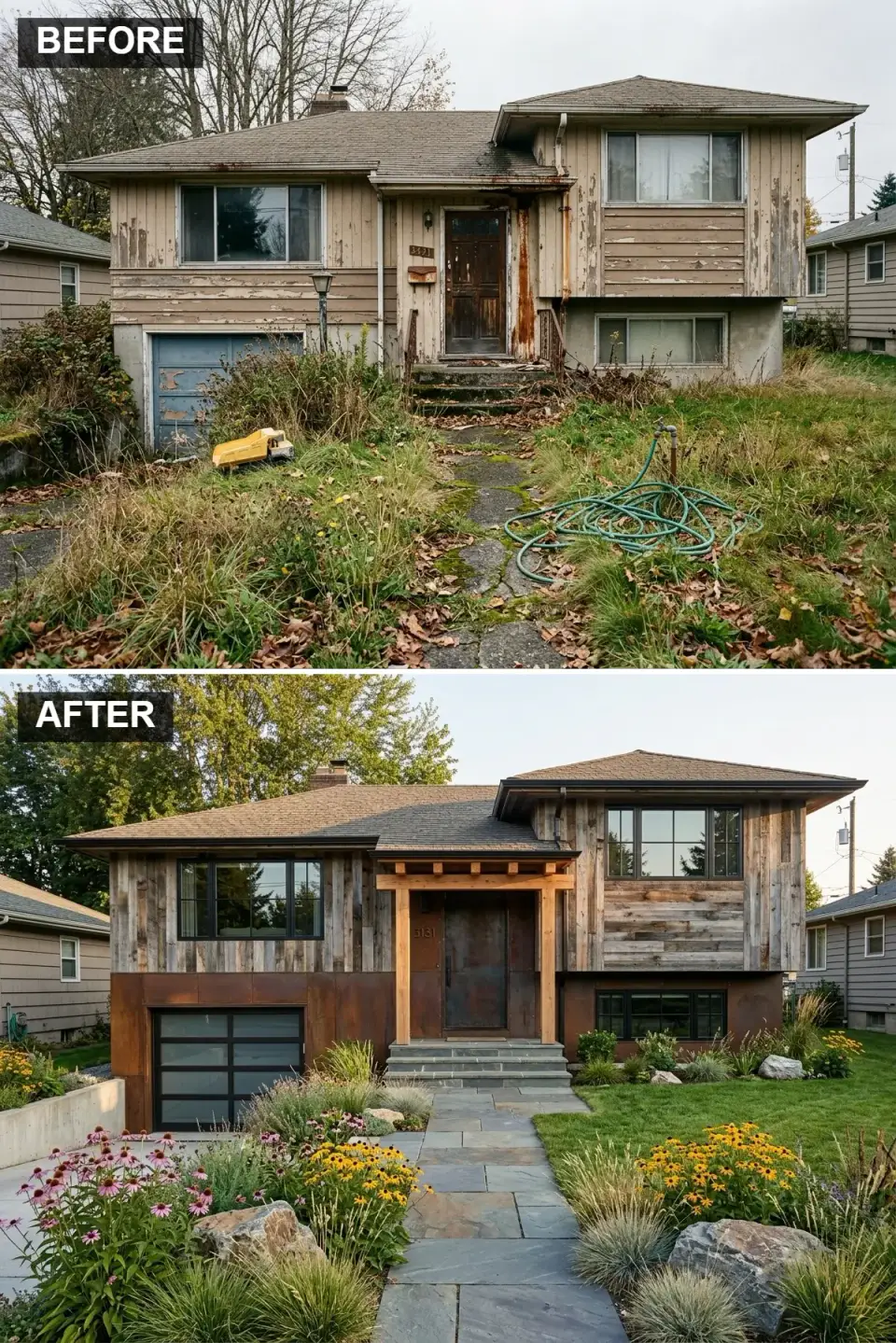 Split-level exterior renovation combining reclaimed Pioneer Millworks Settlers Plank barn wood upper cladding, Cor-Ten A weathering steel lower panels, Douglas fir timber portico, black Marvin Elevate grid windows, glass-panel garage door and Pennsylvania Bluestone walkway in naturalistic mountain garden