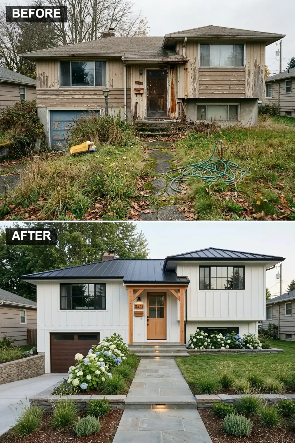 1970s split-level converted to modern farmhouse style with James Hardie board-and-batten Arctic White siding, Drexel Metals Matte Black standing seam metal roof, Douglas fir timber portico, Simpson wood carriage garage door, stone veneer retaining wall and Endless Summer hydrangea landscaping