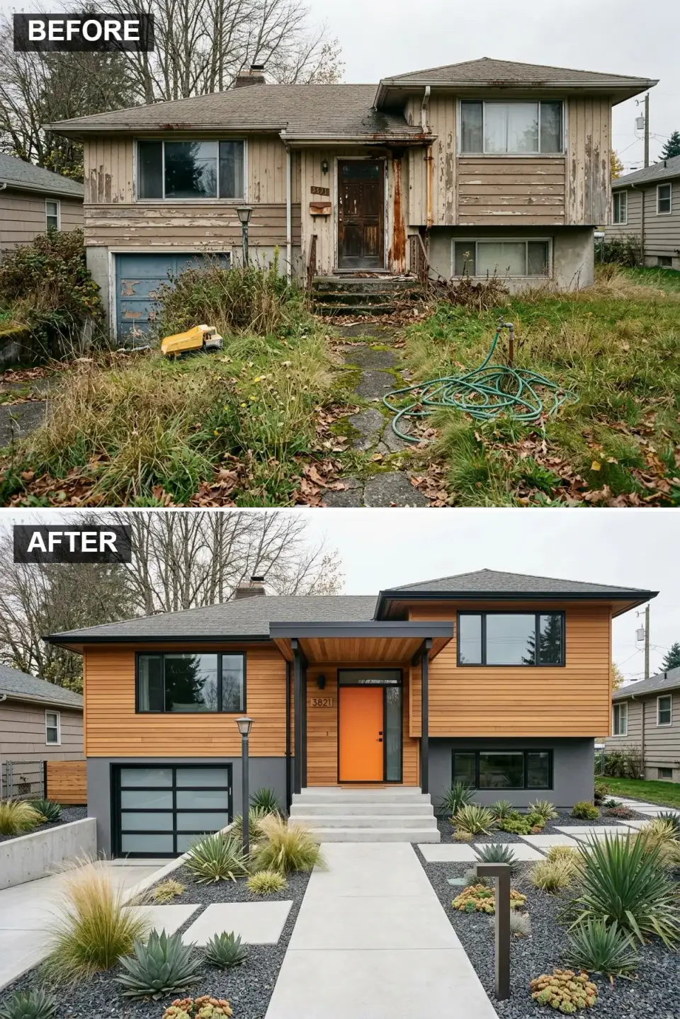 Split-level updated to mid-century modern with warm Western Red Cedar horizontal siding upper level, charcoal Sto stucco lower level, flat-roofed portico, vibrant tangerine orange Simpson pivot door, Marvin Modern black-framed windows and xeriscape landscaping with Agave parryi, concrete pavers and dark gravel