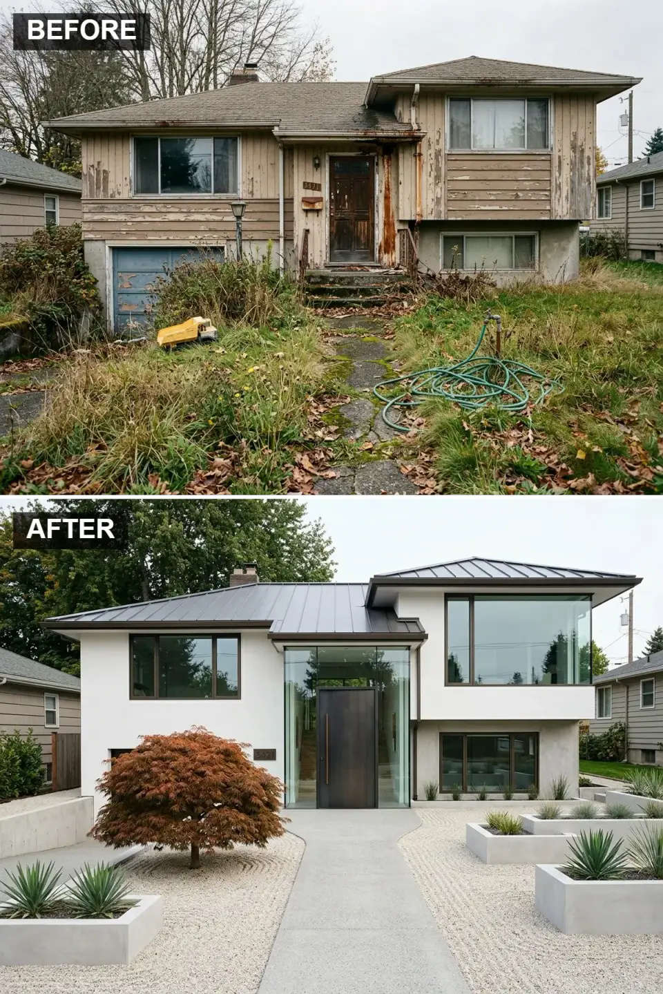 Split-level home reclad in smooth white Sto Cirritex stucco with McElroy Meridian 16 dark metal standing seam roof, two-story frameless glass atrium entry, tall oil-rubbed-bronze pivot door, Zen garden with raked pea gravel, Campania concrete planters and Acer palmatum Bloodgood Japanese maple