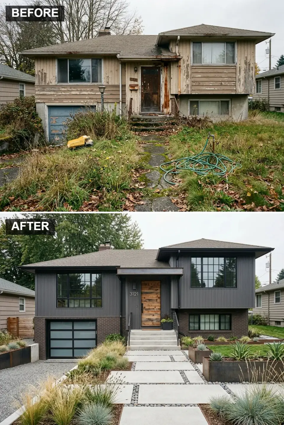 Split-level renovated with charcoal Bridger Steel vertical metal siding upper level, dark Glen-Gery manganese ironspot brick lower level, minimalist cantilevered steel awning, rustic oak horizontal plank door, Cor-Ten steel planters with Calamagrostis Karl Foerster and black concrete pavers with Mexican beach pebble joints
