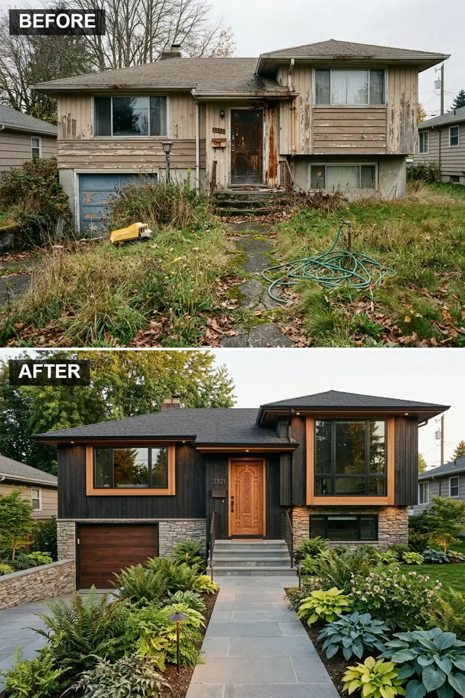 Split-level transformed with Delta Millworks authentic charred Shou Sugi Ban cypress siding, golden teak Simpson carved front door, natural stacked Oklahoma Ledgestone retaining wall, Pennsylvania Bluestone flagstone path and shade garden with Christmas fern, hostas and Hakonechloa aureola