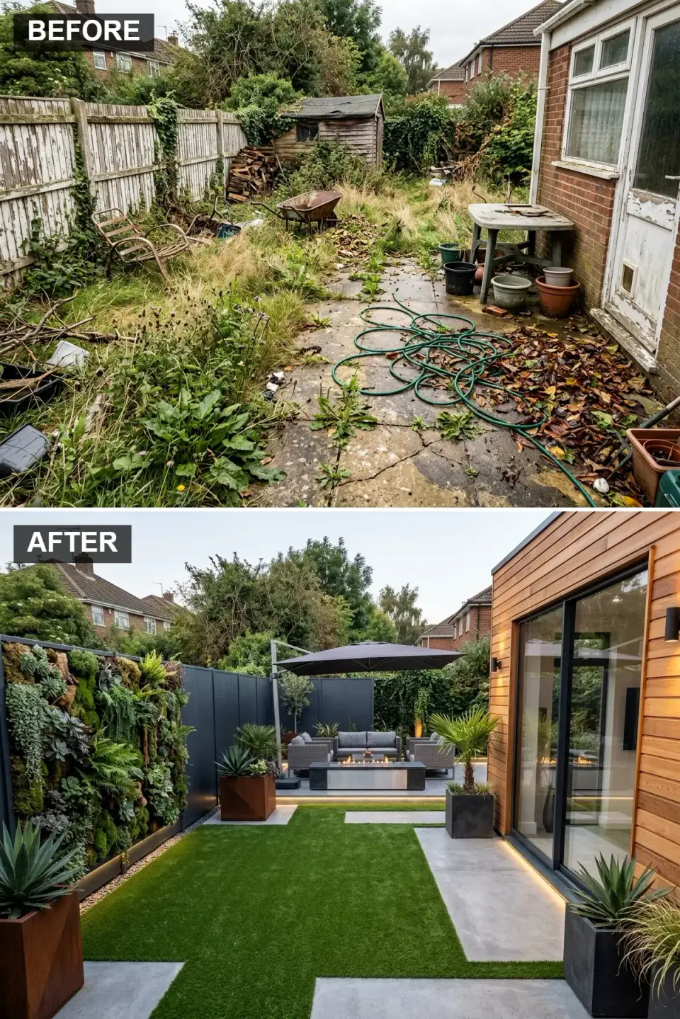 Modern minimalist backyard with large-format concrete pavers dark charcoal fence panels warm cedar cladding central fire pit living wall and Corten steel planters
