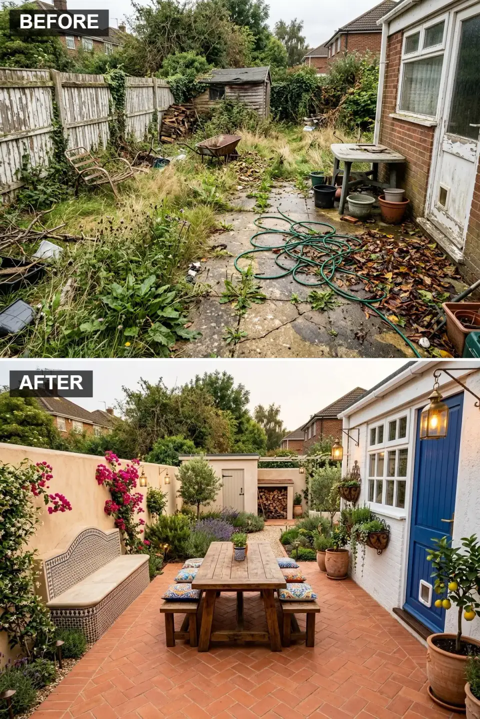 Mediterranean courtyard with herringbone terracotta tile flooring warm beige stucco walls cobalt blue accents tiled mosaic bench rustic reclaimed oak table bougainvillea and olive tree