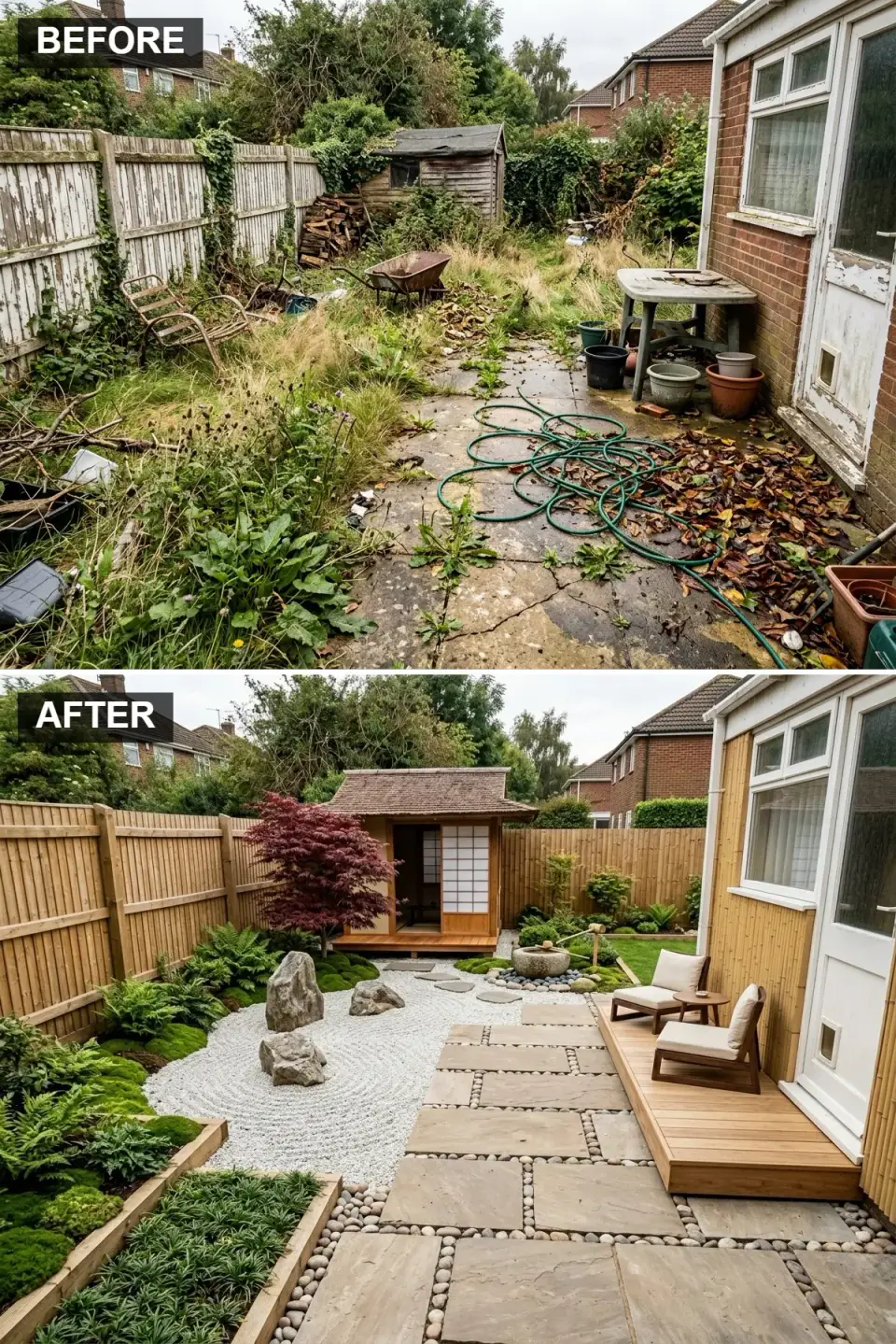 Japanese Zen sanctuary backyard with raked white granite gravel natural pine tea house stepping stones and boulders bamboo screening fence and moss and maple plantings
