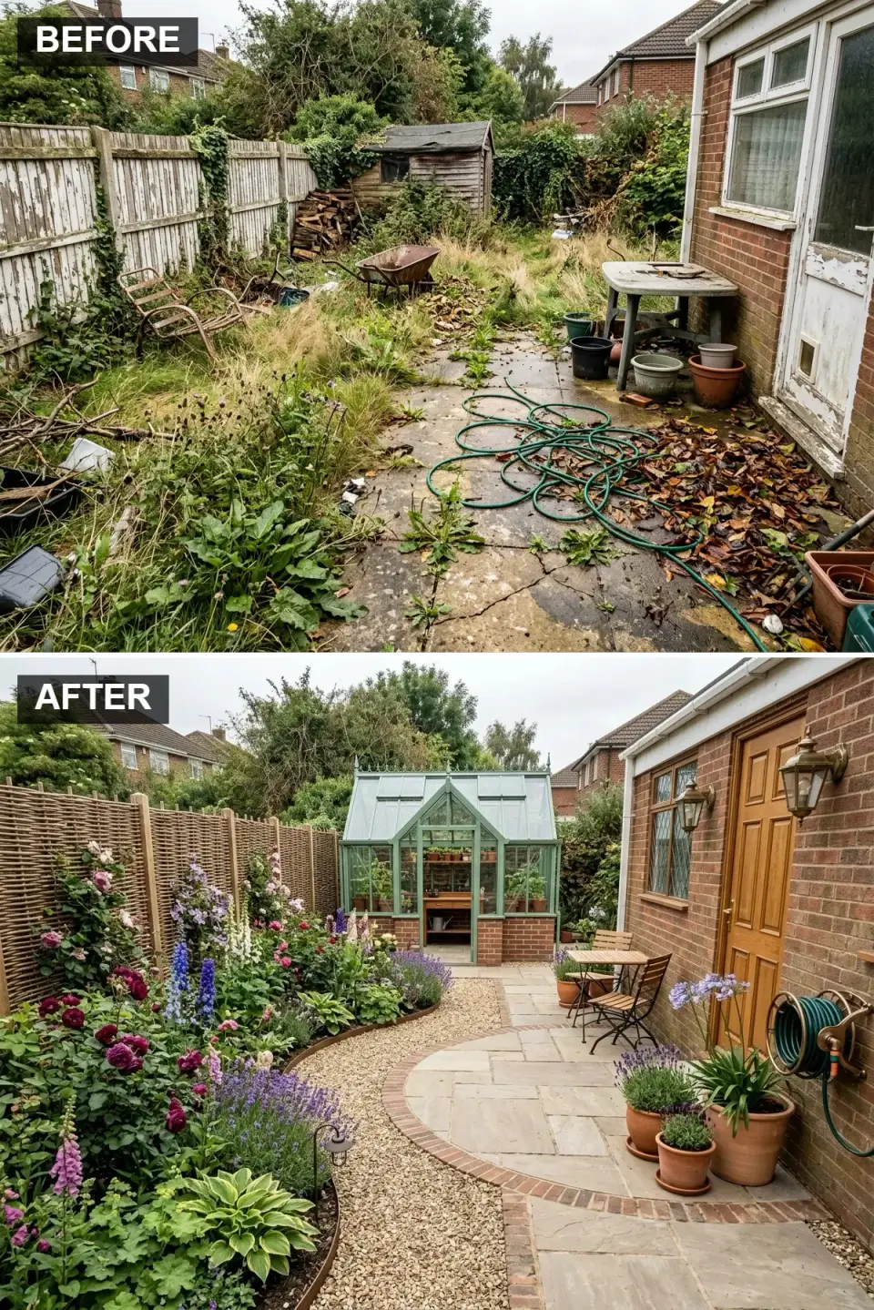 Classic English cottage garden with heritage sage green painted greenhouse reclaimed brick base winding pea gravel path woven willow hurdle fencing foxgloves roses and delphiniums