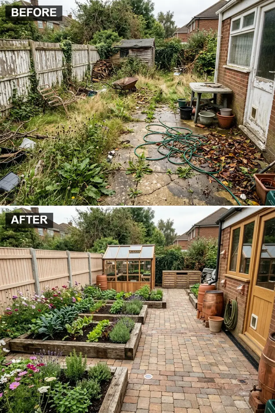 Productive kitchen garden with cedar greenhouse raised railway sleeper beds multi-tone brick pathway wooden water butts and potting bench