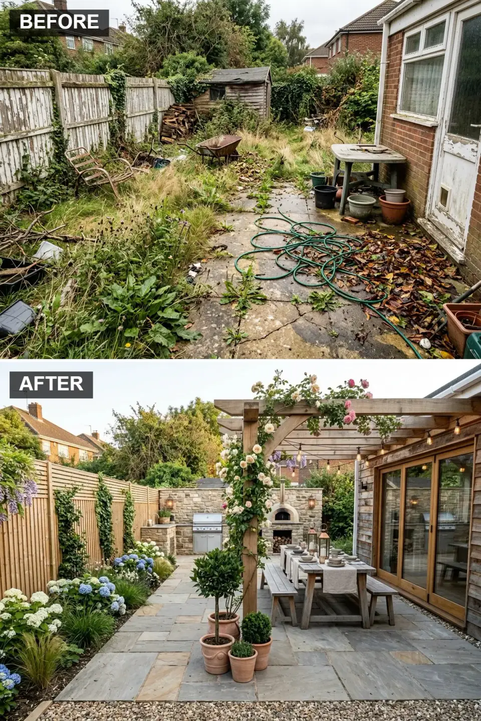 Rustic al fresco dining with natural sandstone paving timber pergola with climbing roses stone outdoor kitchen with pizza oven cream stacked stone wall and reclaimed timber house cladding